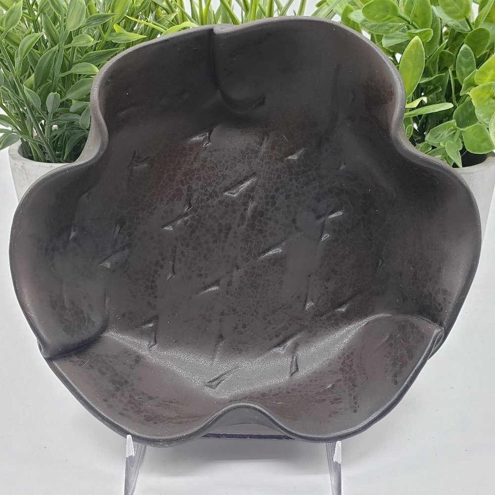 Hilborn Brown Ceramic Ruffled Edge X Pattern Art Pottery Decorative Bowl